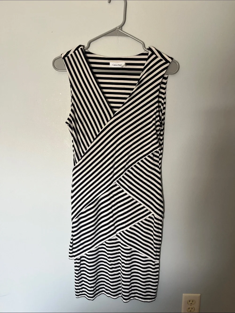 Calvin Klein Black & White Striped Sleeveless Faux-Wrap Dress see pics
